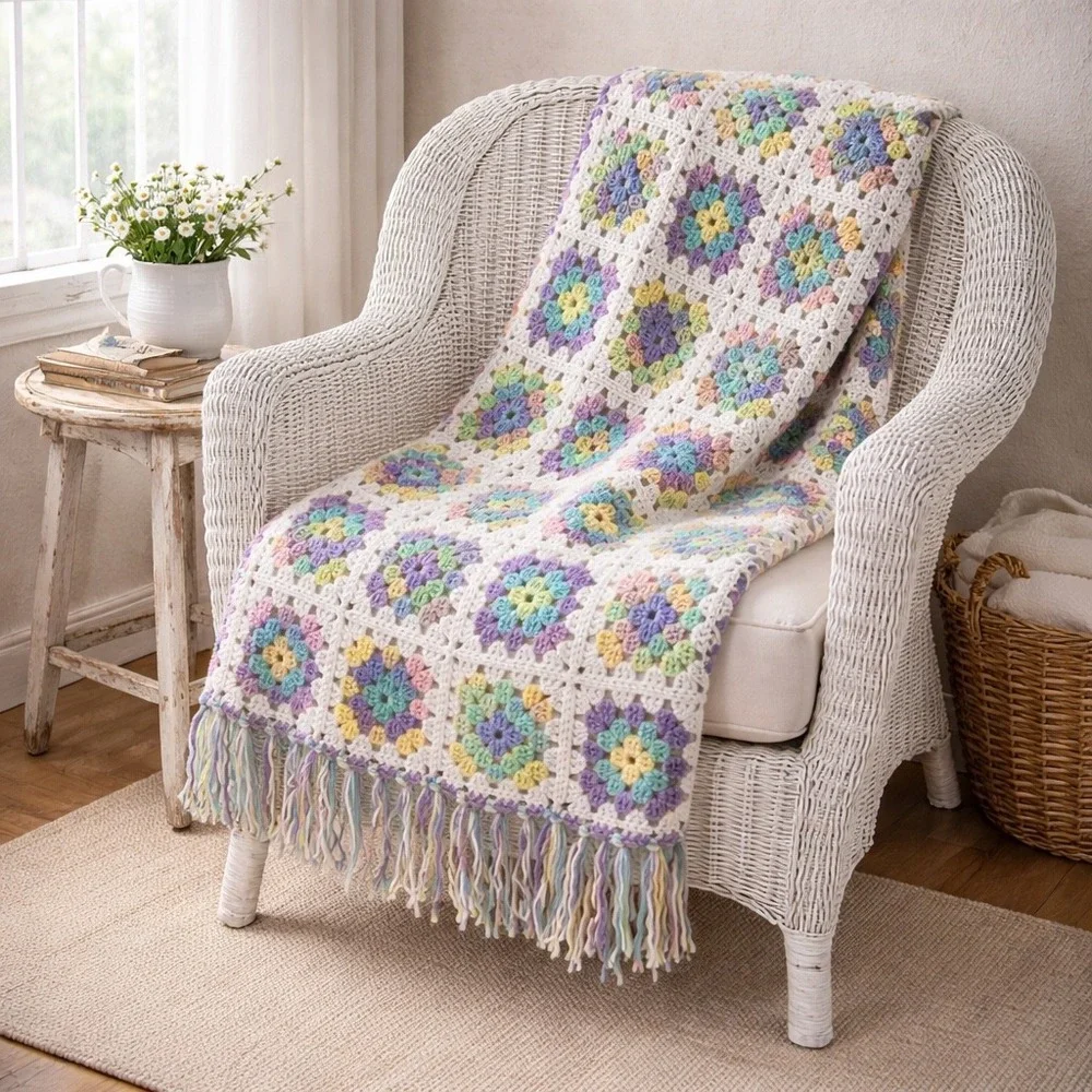 Handmade‎ Vintage Granny Square Crochet Afghan Pastel Purple Mint Yellow 38x48